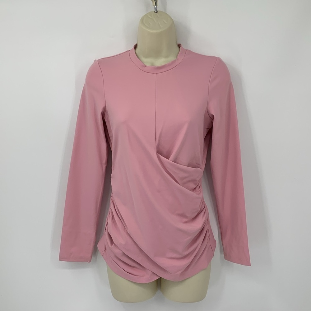 Susana Monaco Faux Wrap crew jersey top shirt blouse pink ruched new X-Large XL